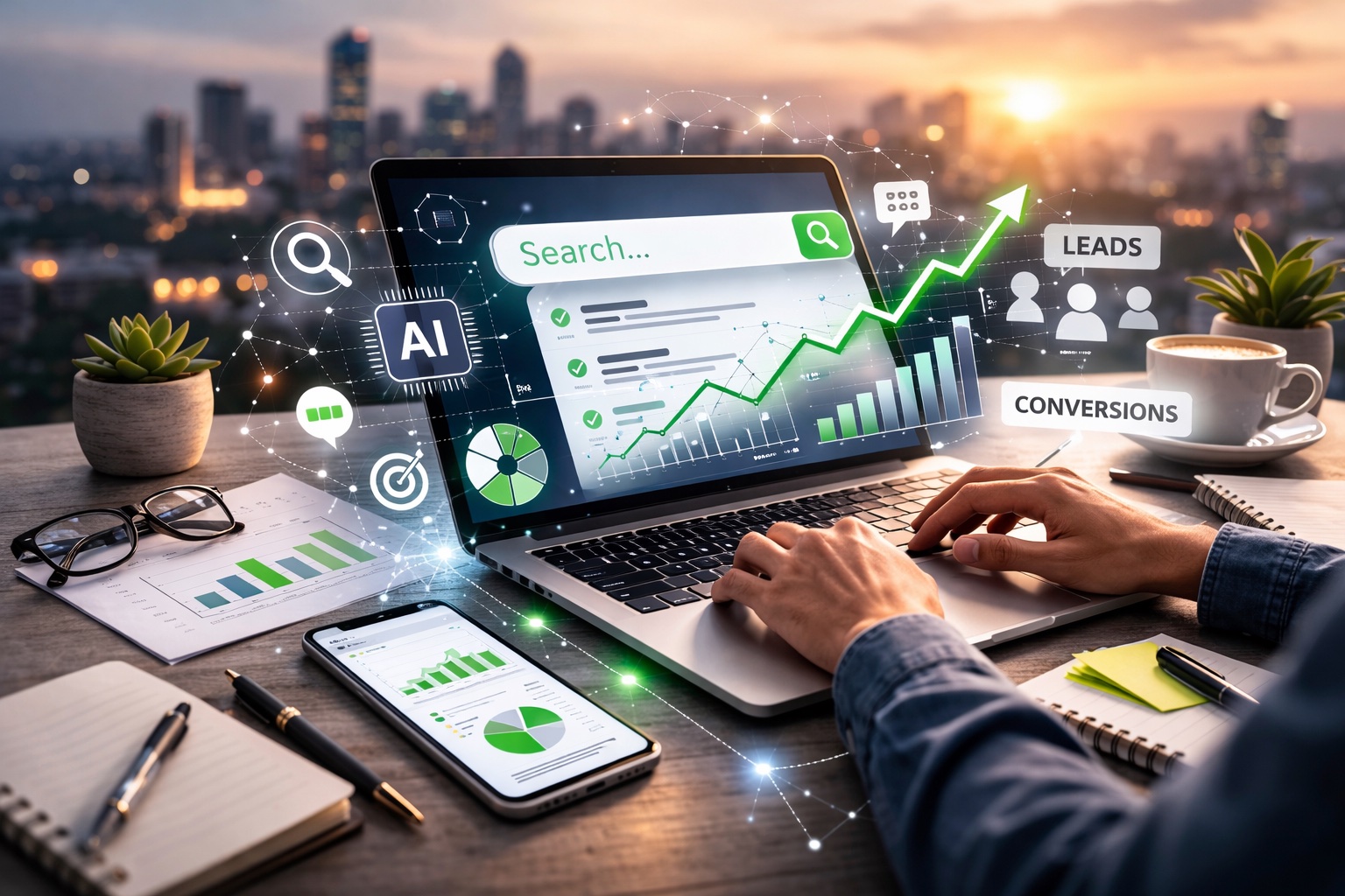 AI-powered search dashboard showing SEO growth, lead generation and conversion analytics on a laptop.